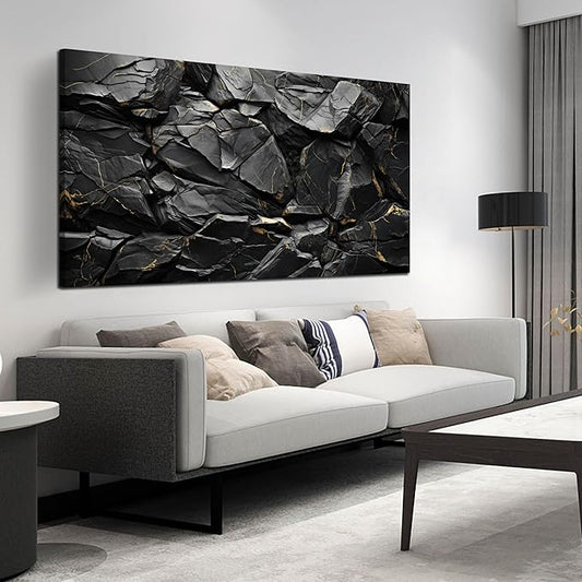 Black Stone with Golden Vein Canvas Wall Art for Living Room, Smooth Flat Rock Picture Wall-Decor for Bedroom, Canvas Printed Artwork Decoration for Office, Large Size 59x29 Inches (Not 3D or Textured)