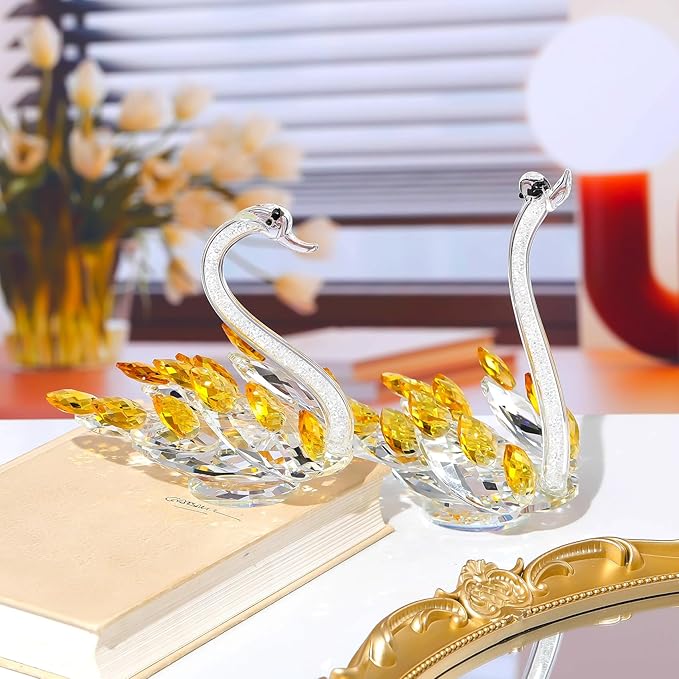 Set of 2 Crystal Golden Swans Anniversary Wedding Gifts for Couple, Glass Swan Figurines Collectibles Valentines Day Presents Keepsake for Parents Home Decor