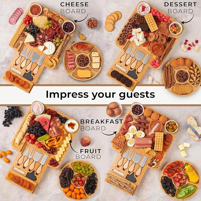 Charcuterie Boards, Bamboo Cheese Platter - Cheese Tray with Cheese Utensils, Fruit Tray, and 2 Bowls Included by Woodenhouse