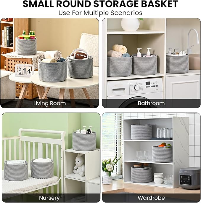 Small Storage Baskets for Organizing, Organizer Baskets for Shelves, Small Woven Basket for Storage, Cute Basket for Gifts Empty, Soft Cotton Rope Baskets, 9.7"×9.7"×7" (3 Packs) Grey