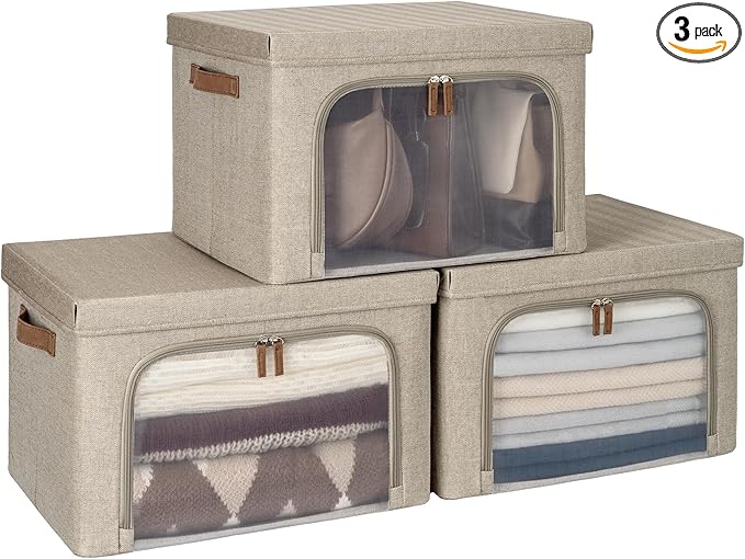 StorageWorks Storage Bins with Lids, Decorative Boxes with Clear Window for Clothes, Fabric Collapsible Baskets for Closet Organization, Large, Brown, 3 Packs