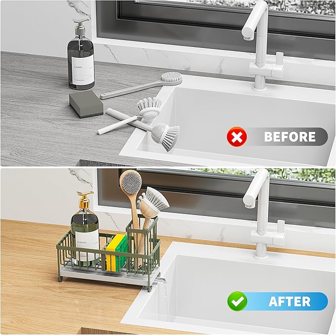 Cisily Sage Green Sponge Holder for Kitchen Sink, Sink Caddy Organizer with High Brush Holder, Kitchen Countertop Organizers and Storage Essentials, Rustproof 304 Stainless Steel, Soap Dispenser