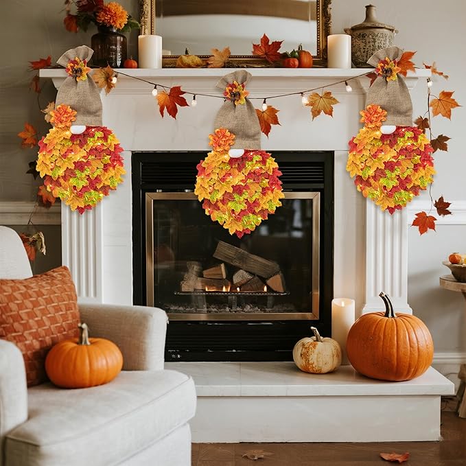 Fall Garland Gnome Door Hanging Wreaths with Maple Leaves LED String Lights, Artificial Maple Leaves Wreath for Autumn Harvest Thanksgiving Decoration Home Indoor Outdoor B