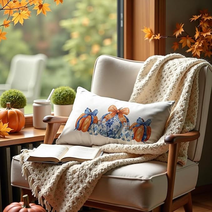 Chinoiserie Fall Pumpkin Pillow Covers 20x12,Autumn Decor,Blue and White Orange Chinoiserie Pumpkin Decorative Throw Pillow Covers for Home Bedroom Living Room