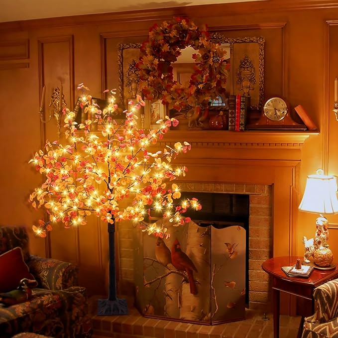 Agusbagli 4FT 140LED Lighted Fall Eucalyptus Tree Thanksgiving Fall Decorations with Timer & 8 Modes Artificial Fall Trees with Lights & 336 Leaves Fall Light Up Tree Harvest Indoor Outdoor Fall Decor