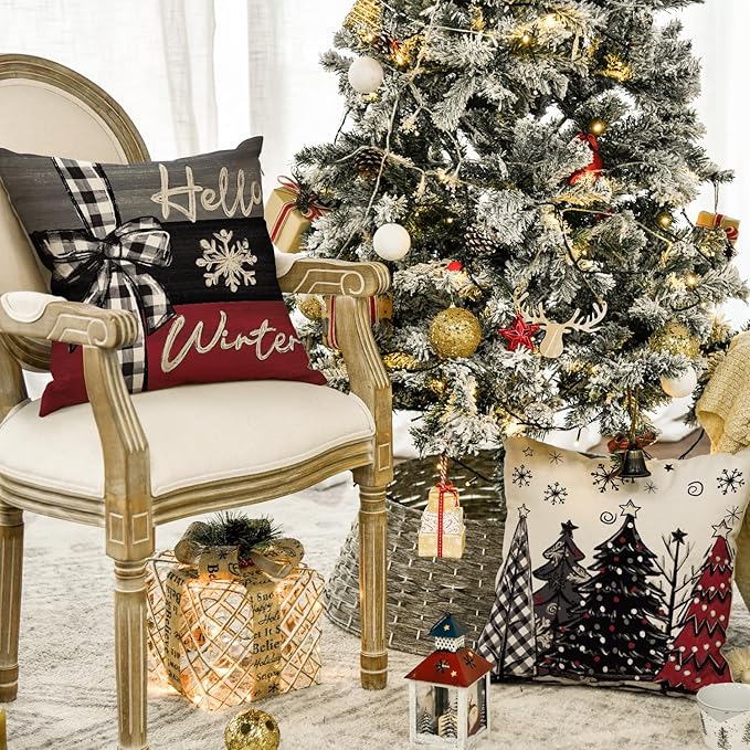 AVOIN colorlife Merry Christmas Joy Xmas Trees Red Throw Pillow Covers, 16 x 16 Inch Christmas Winter Holiday Cushion Case Decoration for Sofa Couch Set of 4