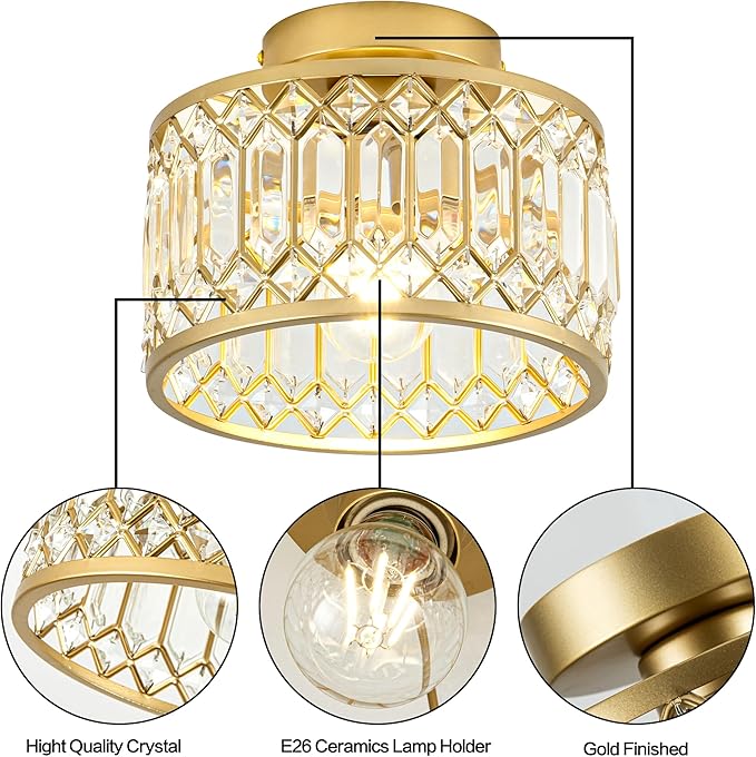 Crystal Ceiling Light, Modern Semi Flush Mount Ceiling Light, Gold Crystal Chandelier for Kitchen Bedroom Bathroom Entryway (Bulb not Included)
