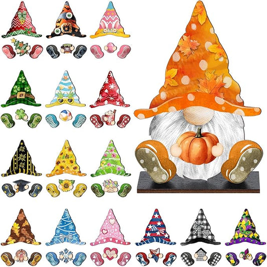 Blulu Interchangeable Wooden Gnome Decor DIY Holiday Seasonal Fall Gnomes Halloween Tiered Tray Decoration with Magnet Pieces Halloween Welcome Sign for Holiday Decorations(Vivid)