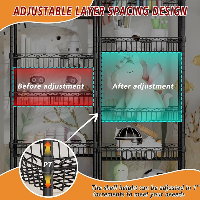 6 Tier Basket Shelf Wire Shelving Unit Adjustable Storage Shelves Big Basket Rack for Garage Kitchen Office Pantry Corner 17.2" Dx12.2 Wx63 H Black