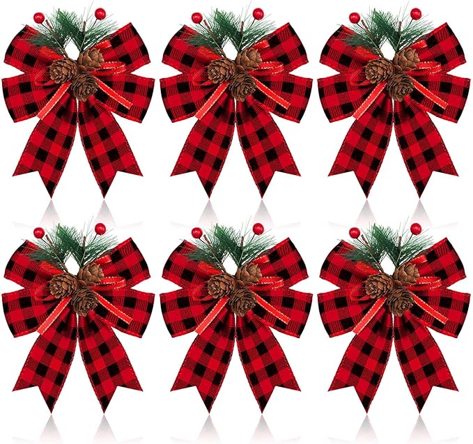 Syhood 6 Pcs Christmas Bows with Pine Cones Pine Needles Xmas Velvet Bows Black and Red Ribbon Christmas Tree Wreath Decoration for Xmas Parties Indoor Outdoor Crafts DIY Decor