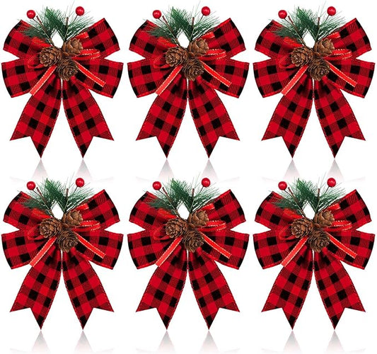 Syhood 6 Pcs Christmas Bows with Pine Cones Pine Needles Xmas Velvet Bows Black and Red Ribbon Christmas Tree Wreath Decoration for Xmas Parties Indoor Outdoor Crafts DIY Decor