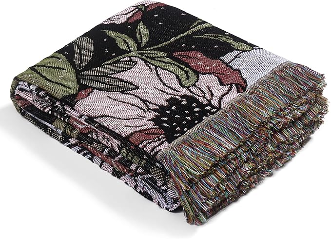 Boho Throw Blanket Reversible Cotton Bohemian Tapestry Hippie Room Decor Double Sided (Boho Flower Dark 50"x60")