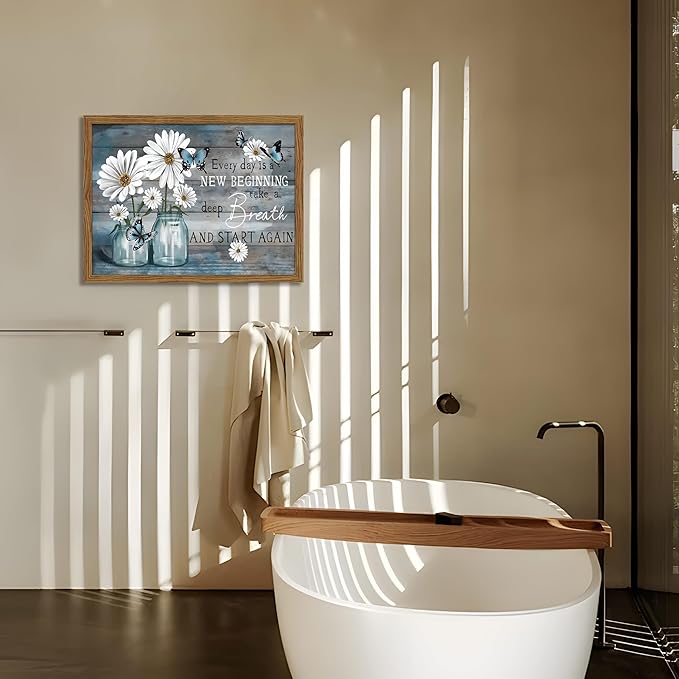 Wood Framed Daisy Butterfly Wall Art, Blue Rustic Farmhouse Canvas Wall Decor Paintings, Inspirational Flower Still Life Posters Prints Pictures for Kitchen Bathroom Home Decor 16x24 Inch