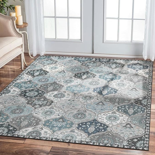 Lahome Moroccan Washable Area Rug 6x9, Ultra-Thin Large Living Room Rugs for Bedroom, Oriental Trellis Distressed Non Shedding Throw Carpet for Dining Room Office, Blue
