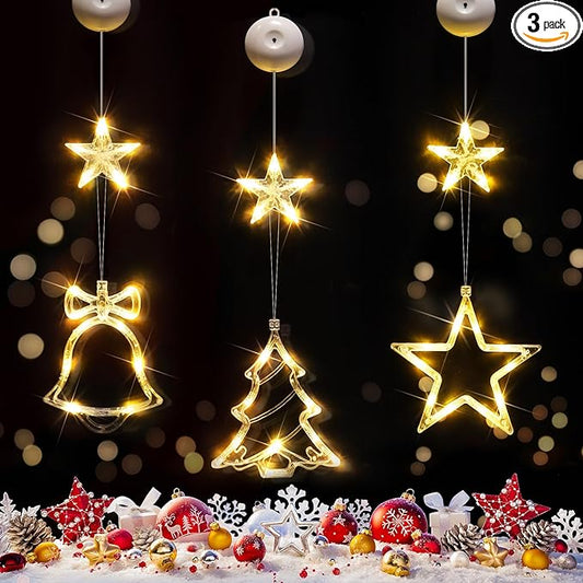 suddus Christmas Window Lights Decorations, 3Pcs Tree-Jingle Bell-Star Shaped Xmas Lights Battery Powered with Suction Cups & Timer, Hanging String Lights Indoor for Tree, Fireplace, Warm White