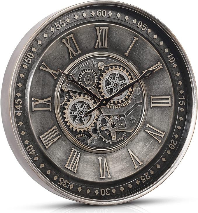 CLXEAST 24 Inch Large Moving Gear Wall Clock for Living Room Decor, Antique Silver Metal Roman Numerals Wall Clocks for Home Office