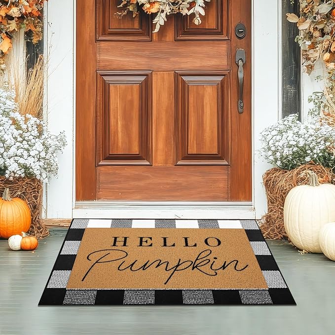 2 Pcs Fall Door Mat Hello Pumpkin Welcome Non Slip Coir Mats Thanksgiving Black White Plaid Harvest Floor Layering Doormats Seasonal for Front Porch Entryway Decor(Black White Plaid)