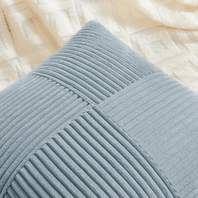 Fancy Homi Set of 4 Light Blue Decorative Throw Pillow Covers 20x20 Inch for Living Room Couch Bed Sofa, Farmhouse Boho Home Decor, Soft Cross Corduroy Patchwork Accent Square Cushion Case 50x50 cm