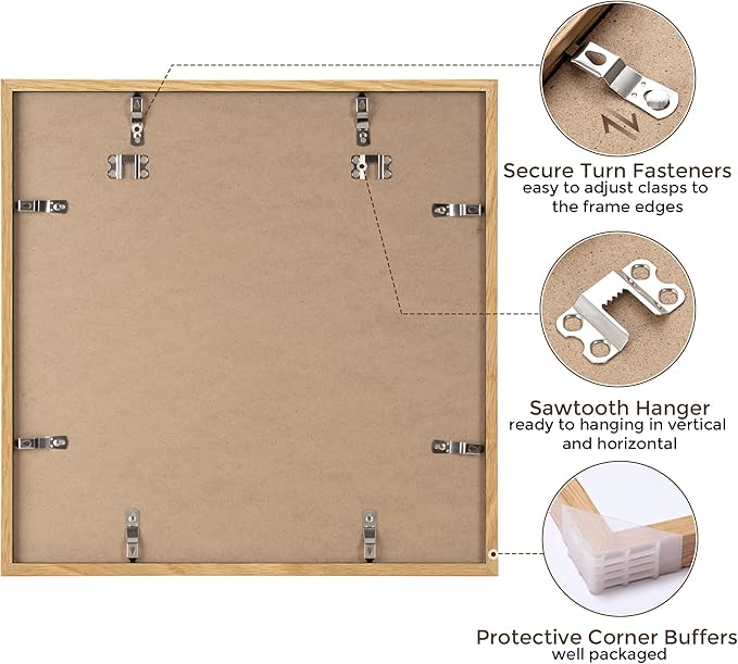 16x16 Picture Frames, Solid Oak Wood Photo Frame 16 by 16, Rustic Wooden Square Picture Frame with Tempered Real Glass, 16 x 16 Square Frame Matted to 12 x 12, Natural Color, Set of 2
