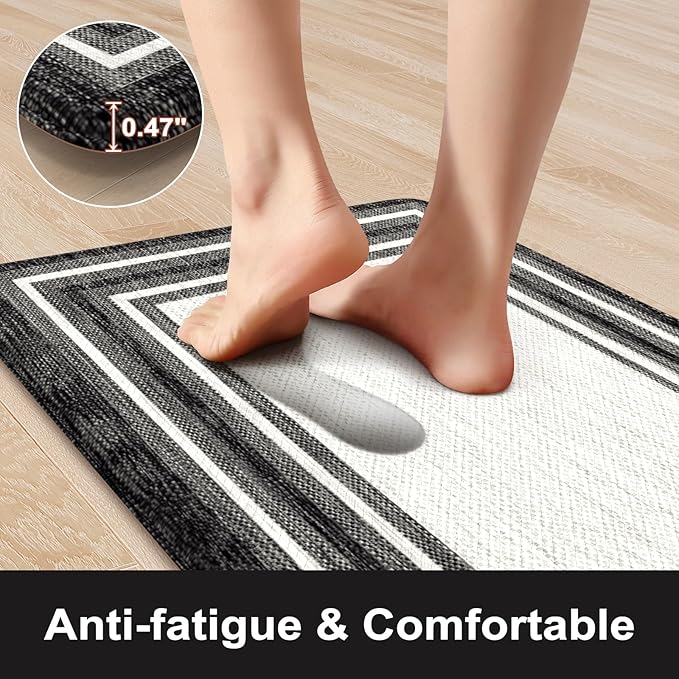 KIMODE Anti Fatigue Kitchen Mat for Floor, 20"x47"+20"x32" Kitchen Rugs Set of 2, Non Slip Kitchen Floor Mats Cushioned, Comfort Mats for Kitchen Floor, Sink, Laundry, Office, Desk Black and White