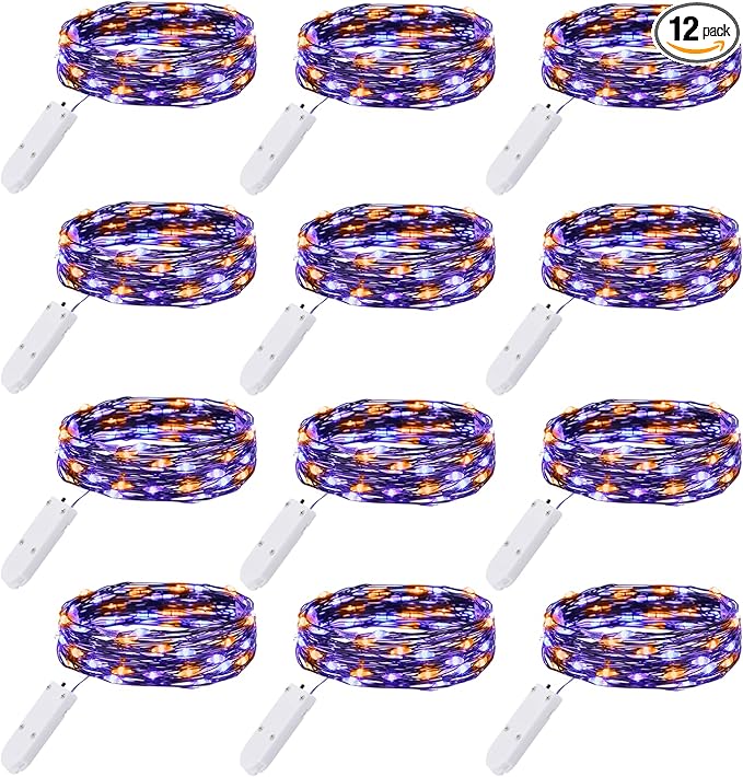 Brightown 12 Pack Purple Orange Fairy Lights Battery Operated String Lights - 7ft 20 LED Waterproof Short Micro Firefly Light for Halloween Decor, Pumpkin DIY Craft, Paper Lantern Decoration