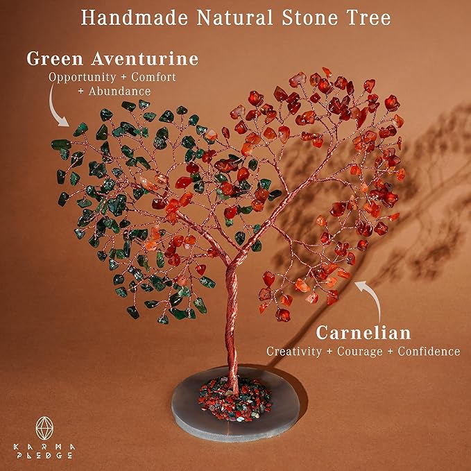 Crystal Tree for Home and Office Decoration, Carnelian & Green Aventurine Healing Stones Handmade Tree of Life for Positive Energy, Money, Good Luck, Christmas Decor, Birthday Gifts for Women, Mom