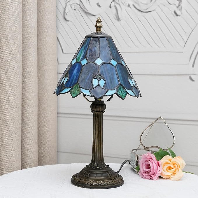 8 Inch Tiffany Style Colorful Lamp, Blue Green Umbrella Retro Design Bedside Lamp, Suitable for Bedroom, Dormitory Cafe and Other Home Art Decoration