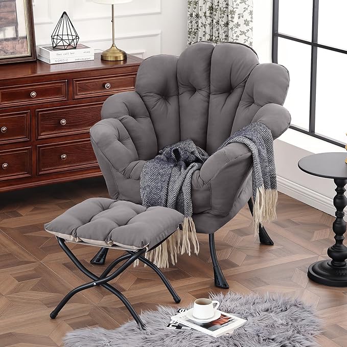 Lazy Chair with Ottoman, Modern Floral Reading Chair with Folding Footrest, Lounge Accent Chairs, Comfortable Oversized Armchairs for Bedroom, Living Room, Courtyard, Dark Grey