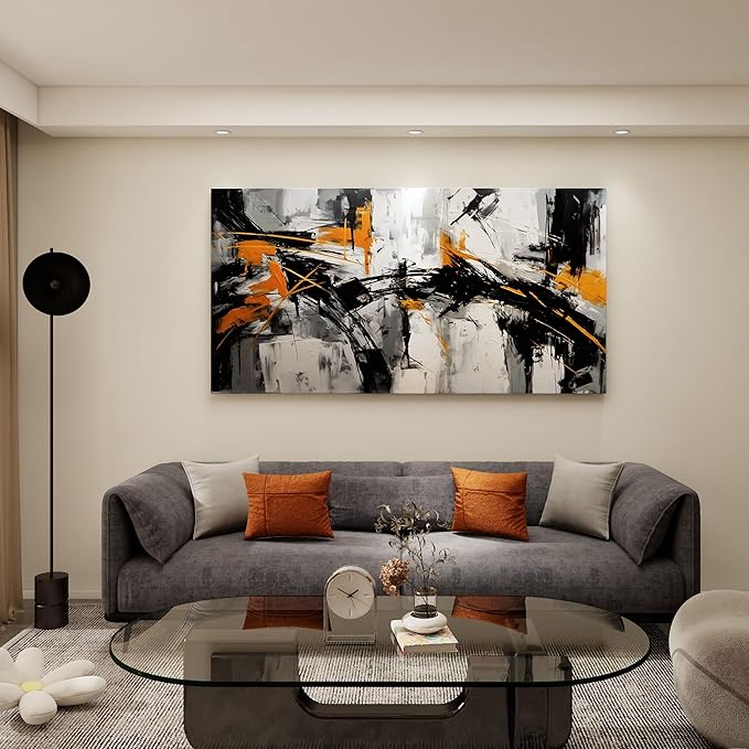 Large Abstract Canvas Wall Art Black and Orange Modern Wall Art for Living Room - Canvas Wall Decor for Office and Home - Framed Artwork for Walls Pictures for Bedroom Wall Decor 29×58IN