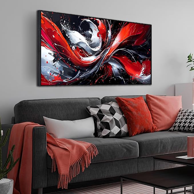 Ouzzlie Red Wall Decor Abstract Canvas Black and White Wall Art for Bedroom Modern Picture Artwork 24" x 48"