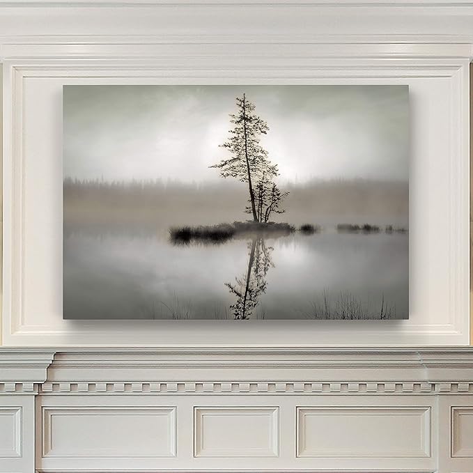 Renditions Gallery Canvas Wall Art for Home Decor Pine Tree Reflection in Misty Forest Lake Modern Nature for Bedroom Living Room Kitchen - 12"X18" LT08