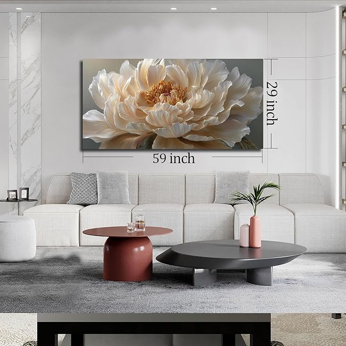Ouzzlie Large Flower Canvas Wall Art Floral Wall Decor Light Yellow Peony Picture Art for Bedroom Living Room Office Modern Artwork Posters 29" x 59"