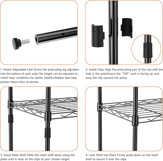 IZEUK 3 Tier Metal Wire Shelving Rack Storage Shelves for Kitchen, Bedroom, Living Room or Laundry Room, Black, 17.7" W x 11.8" D x 28.8" H