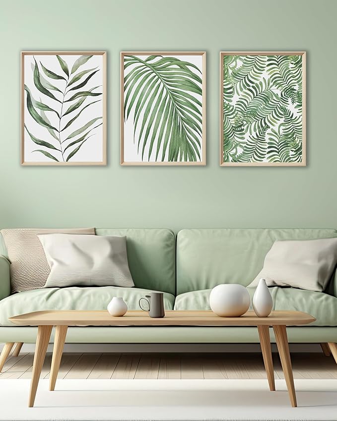 UPWOIGH Framed Green Wall Art(No Plexiglass), Palm Leaves Canvas Wall Art,16x12in Botanical Wood Bohemia Sage Wall Decor Prints Artworks for Living Room Bedroom, Plant Neutral Wall Decor Set of 3