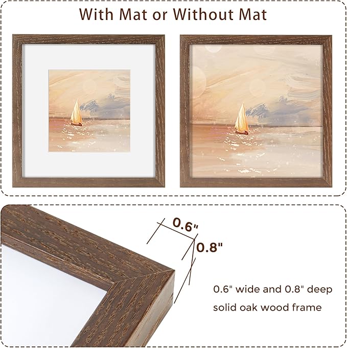 8x8 Square Picture Frame, Solid Oak Wood 8"x8" Photo Frames - Real Tempered Glass, 8x8 Frame with Stand for Tabletop Display, 8 x 8 Wood Frame for Wall (Walnut Color, 1 Pack)