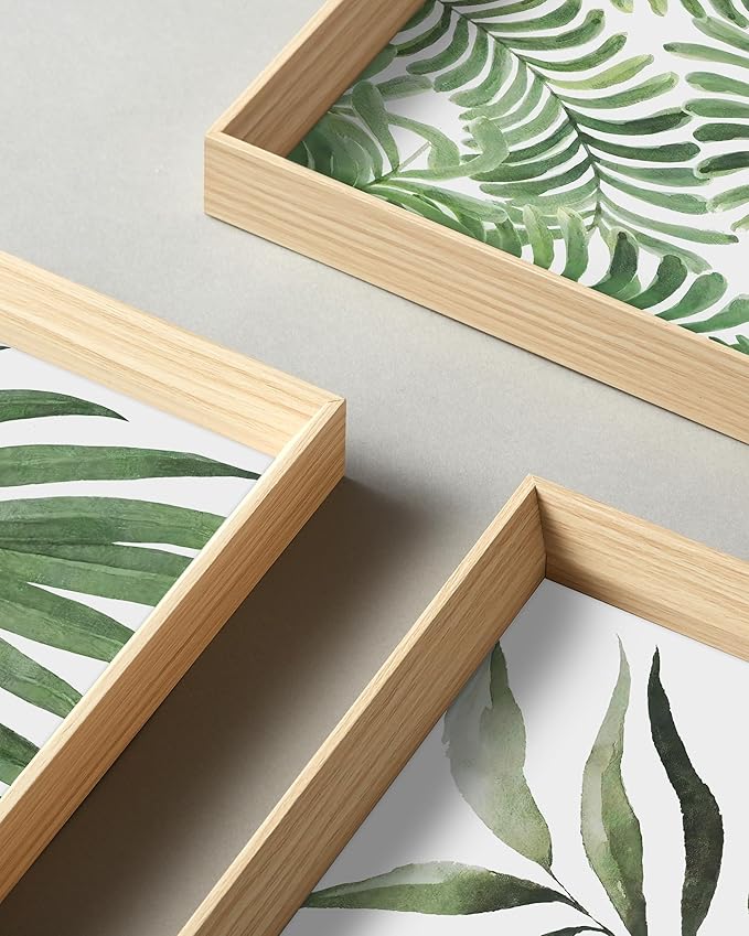 UPWOIGH Framed Green Wall Art(No Plexiglass), Palm Leaves Canvas Wall Art,16x12in Botanical Wood Bohemia Sage Wall Decor Prints Artworks for Living Room Bedroom, Plant Neutral Wall Decor Set of 3