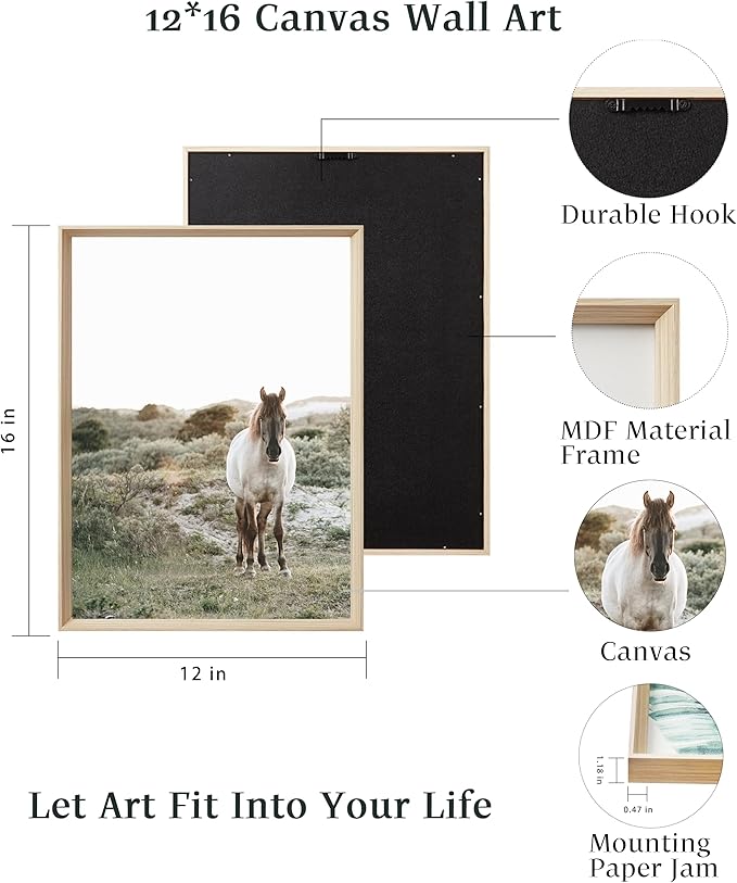 UPWOIGH Framed Wall Art, White Horse Outskirts setting sun Wood Canvas Wall Art,12"x16" Cotton Pattern Poster Wall Decor Aesthetic for Living Room Bedroom,Set of 3,Accessories