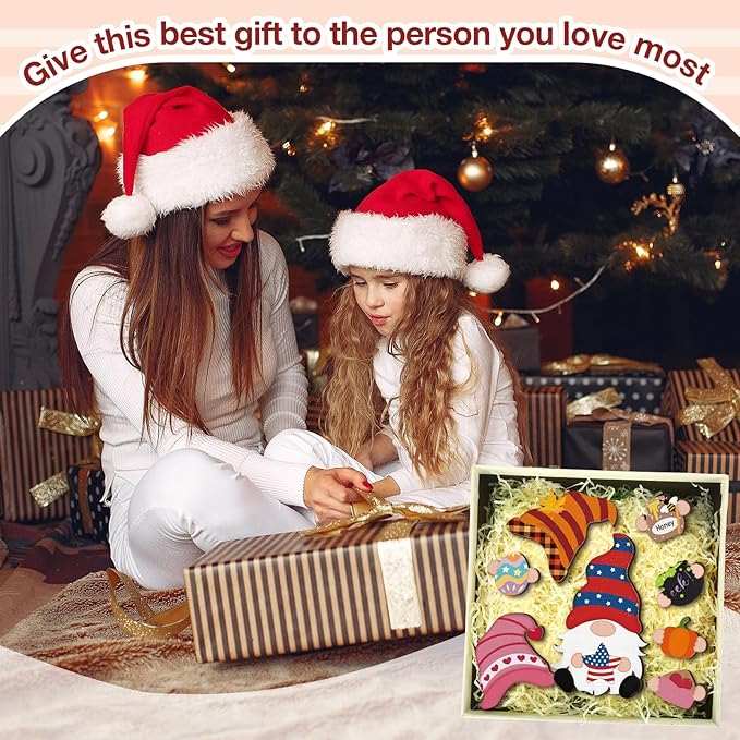 Qunclay Interchangeable Wooden Gnome Decor Holiday Seasonal Gnome Decorations with Magnet Pieces and Detachable Hats Changeable Welcome Sign for Home(Trendy Style)