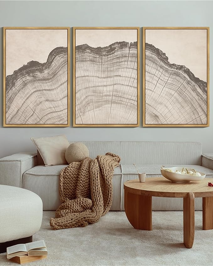 KUVIOKE Boho Vintage Antique Tree Wall Art Framed Neutral Retro Tree Rings Wood Prints Rustic Nature Illustrations Bedroom Living Room 24x36in (Natural Framed)