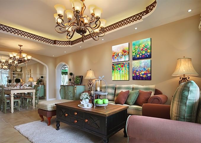 Abstract Floral Canvas Wall Art, Colorful Flowers Artwork Painting Prints Modern Watercolor Pictures Framed for Living Room Bedroom Bathroom Office Home Decor - 20"x20"x4 panel