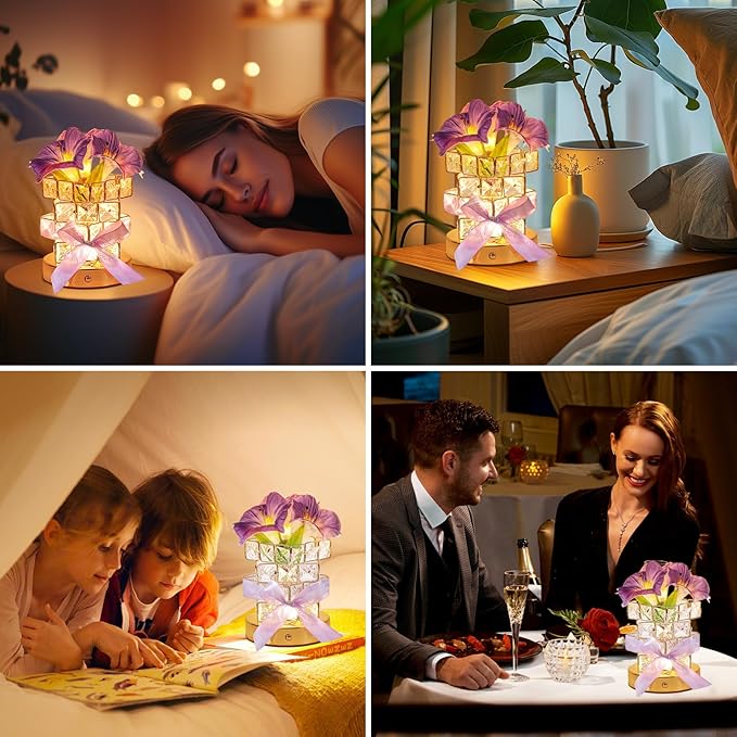 Purple Morning Glory Flower Table Lamp, Artificial Flowers Birthday Gifts for Women Mom Grandma Sister, Rechargeable Battery Powered Cordless Touch Crystal Night Light, Kitchen Bedroom Office Decor