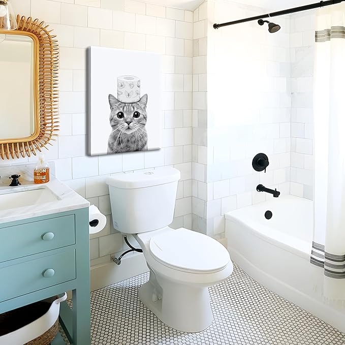 Funny Bathroom Wall Art, Cute Black and White Cat Canvas Wall Decor, Humor Toilet Paper Prints Bathroom Decor, Adorable Animal Picture Paintings Poster Toilet Signs 12x16 inch Framed