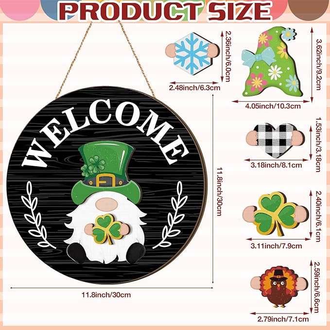 Qunclay Interchangeable Wooden Gnome Decor Holiday Seasonal Gnome Decorations with Magnet Pieces and Detachable Hats Changeable Welcome Sign for Home(Black Style)