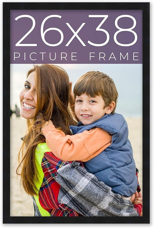 26x38 Frame Black Real Wood Picture Frame Width 0.75 Inches | Interior Frame Depth 0.5 Inches | Noir Classique Mid Century Photo Frame Complete with UV Acrylic, Foam Board Backing & Hanging Hardware