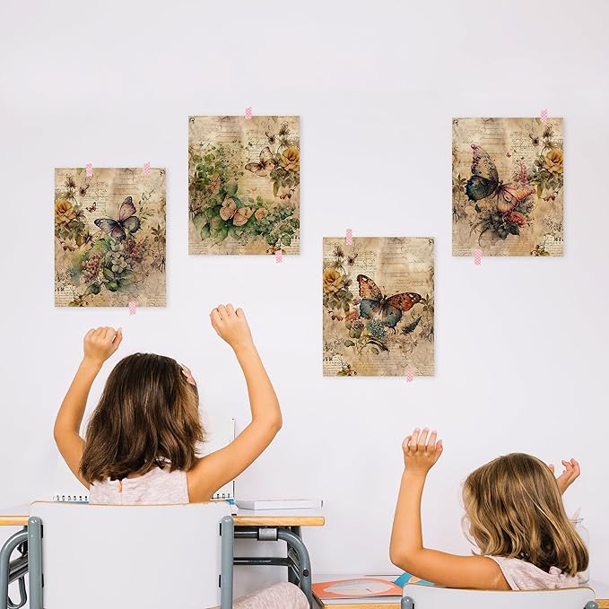 HRQKO Vintage Retro Butterfly Flower Wall Art Poster Prints Set of 4, Butterfly Floral Pictures Artwork Printing Posters Wall Decor, Blossom Botanical Prints for Bathroom Living Room 8”x10” Unframed