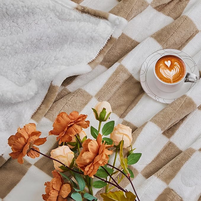 Light Brown Heated Throw Blanket Electric, 50X60 Heating Blanket with 10 Heat Levels & 8 Hours Auto Off for Lap, Checkered Plaid Soft Sherpa Blankets Warmer Gifts for Couch Grandma Women Adults, ETL