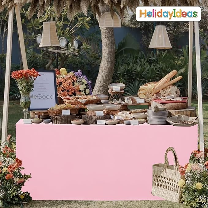 HolidayIdeas Fitted Tablecloths for 6 Foot Rectangle Table, Wrinkle Resistant Washable Table Cover 30x72 Inch for Vendor Booth Display, Banquet, Trade Show, Pink, 4 Pcs