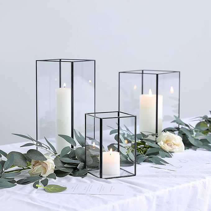 Set of 3 Square Glass Hurricane Candle Holders, Clear Glass Framed in Black-Finish Brass, Great for Home Decor and Wedding,Holiday Decor.
