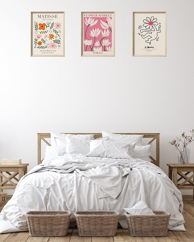 UPWOIGH Framed Wall Art, 12x16in Abstract Henri Matisse Canvas, 12" x 16" Wood Frame Pink Flower Market Wall Decor, Minimalist Set of 3 for Living Room