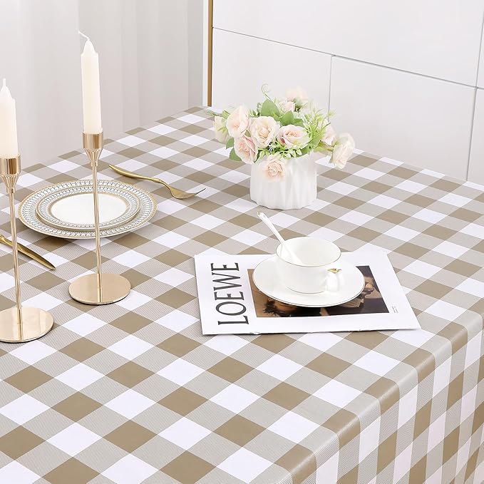 misaya Rectangle Waterproof Vinyl Table Cloth, Buffalo Flannel Backed Tablecloth, Wipeable Plastic Table Cover for Fall, Thanksgiving (60" x 102", Khaki and White)
